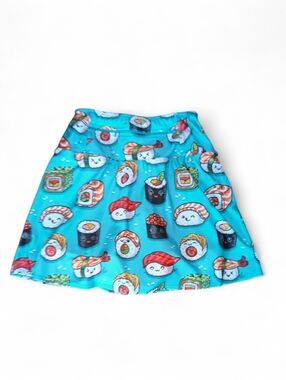 Cute Whimsical Sushi Print A-Line Skort  Turquoise Pickleball Tennis Waist Zip